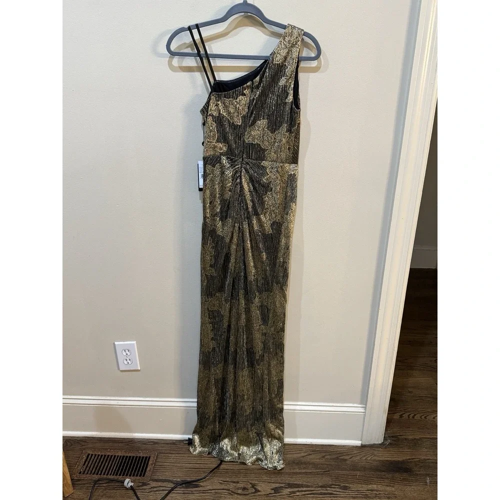Adrianna Papell One Shoulder Metallic Gown Size 2 Gold Black Prom Gala MOB - Picture 3 of 7